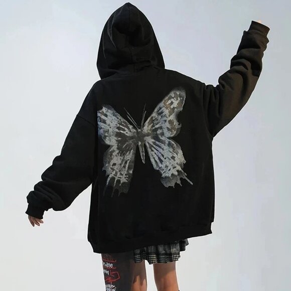 Women's Oversized Jacket Sweatshirt Warm Fleece Zipper Butterfly Coat Hoodie - Picture 6 of 6